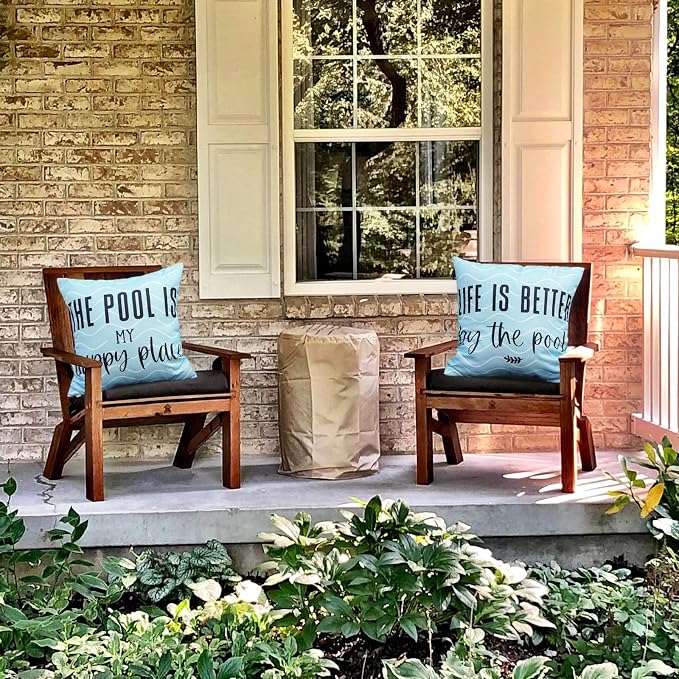TAJWE Outdoor Pillow Covers 18x18 Inch Set of 2 Wave Life is Better by The Pool Blue Waterproof Decorative Throw Pillowcases Farmhouse Square Cushion Cases for Patio Furniture Garden Bench Porch Decor