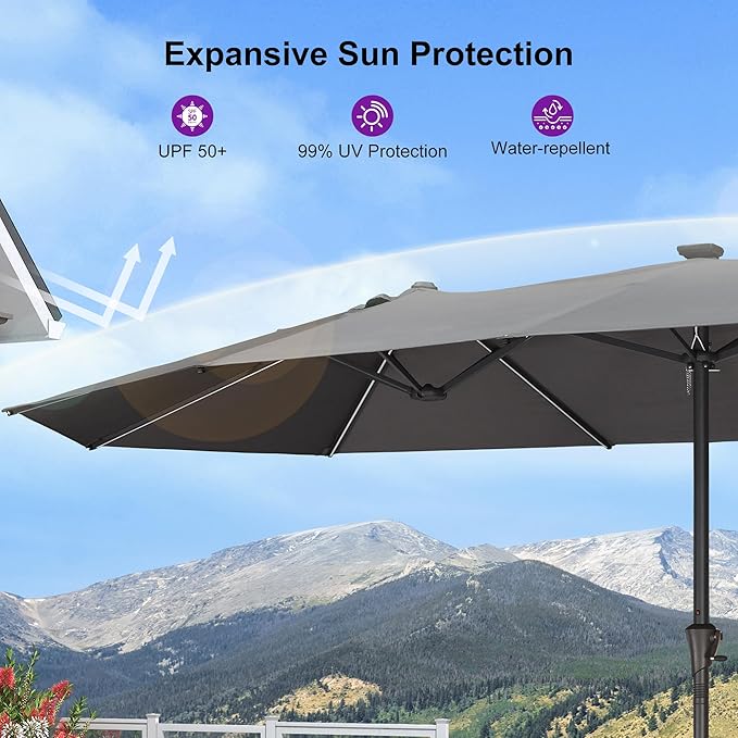 PURPLE LEAF 14ft Patio Umbrella with Solar Lights Outdoor Double-Sided Market Umbrella with Base Included Rectangle Table Umbrella for Pool Garden Backyard, Grey