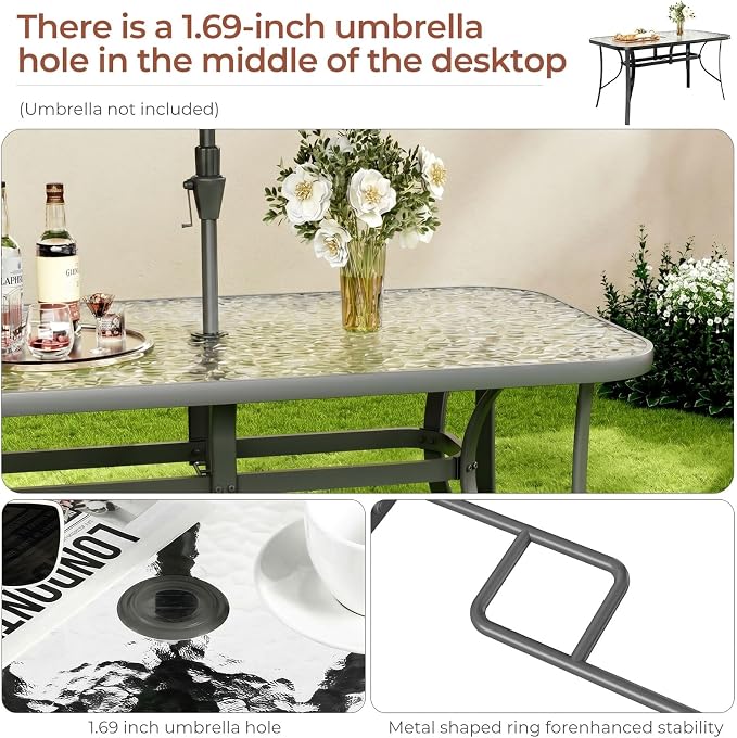 TLSUNNY 7 Piece Patio Dining Set for 6, Outdoor Table and Chairs W/1.69" Umbrella Hole & Metal Frame, 30"X 55" Rectangular Glass Table and Patio Textilene Stackable Chair W/Armrests, for Lawn Deck
