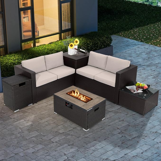 Tangkula 6 Pieces Patio Wicker Furniture Set with 32 Inches Propane Fire Pit Table and Tank Holder, Outdoor Conversation Set with Storage Box and Coffee Table, 2 Waterproof Covers Included (Beige)