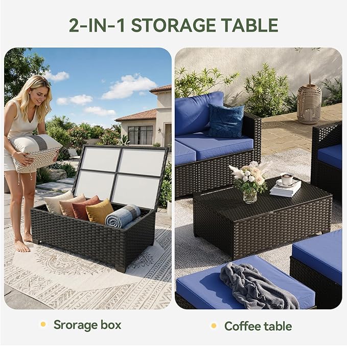 Aoxun 7 Piece Outdoor Patio Furniture Set 6 Seats, Outdoor Sectional with Thick Waterproof Cushions, Patio Conversation Sets for Garden,Backyard, Porch, Balcony, Deck, Black & Blue