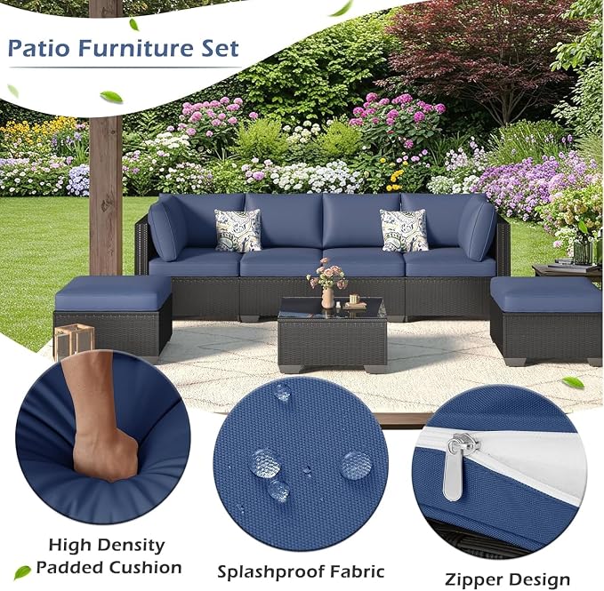 7 Piece Outdoor Patio Furniture Set with Cushions, PE Rattan Wicker Sectional Furniture Chair Set with Tea Table, Modular Patio Sofa for Garden, Backyard, Balcony Outdoor Lounge Area(Gray2)