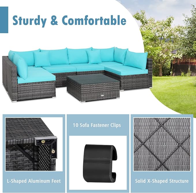 DORTALA 7 Pieces PE Rattan Patio Furniture Set, All-Weather Wicker Conversation Set W/Soft Cushions & Pillows, Coffee Table, Outdoor Sectional Sofa Set for Balcony, Poolside, Backyard, Turquoise