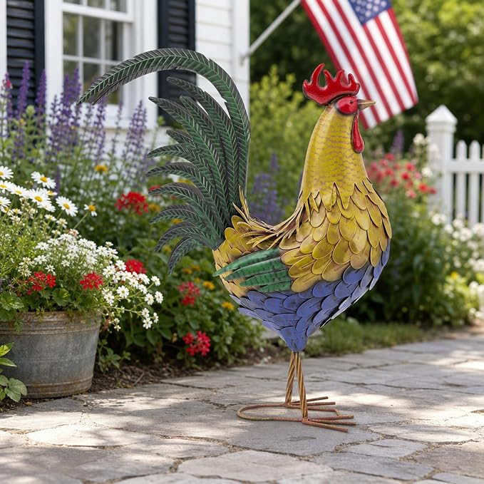 32 in Metal Rooster Statue, Farmhouse Yard & Garden Decor | Hand-painted Metal Finish, Oversized, Chicken Decor for Patio, Kitchen, Garden
