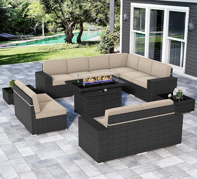 13 Pieces Patio Furniture Set with 44" Propane Gas Fire Pit Table, Outdoor Sectional Wicker Conversation Sofa Sets with Coffee Table