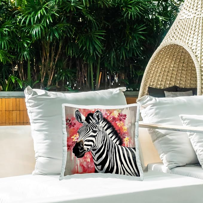 Stupell Industries | Zebra with Modern Flowers, 18 x 18 | Outdoor Pillow, Made in USA - By Lazar Studio