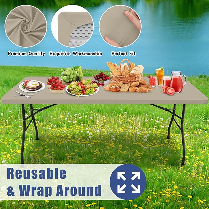 Moosfor Spandex 8 Foot Rectangle Table Cloth 2 Pack, Elastic Fitted Tablecloths for Picnic, Stretch Washable Patio Table Cover for Outdoor, Camping, Banquet and Parties (Taupe, 30"x96")