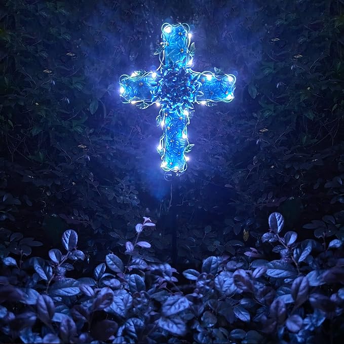 COOZZYHOUR Solar Cross Garden Lights Outdoor Decorative - Solar Metal&Glass Cross Blue Hydrangea Flower Stake Lights- Waterproof 20 Warm White LED for Remembrance Gifts