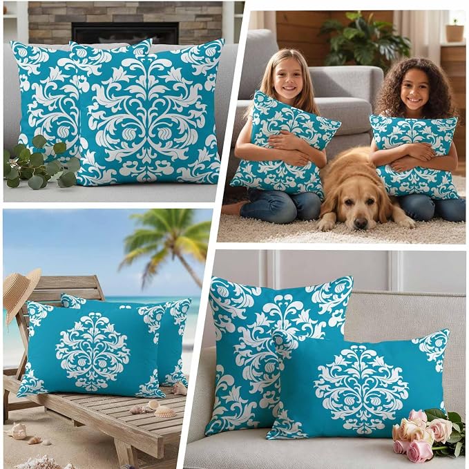 Outdoor Pillow Covers Set of 2, Abstract Minimalist Boho Blue Flower Decorative Throw Pillow Covers 20X12IN, Aesthetic Art Throw Pillows Protector Cushion Case for Patio,Couch,Sofa,Garden