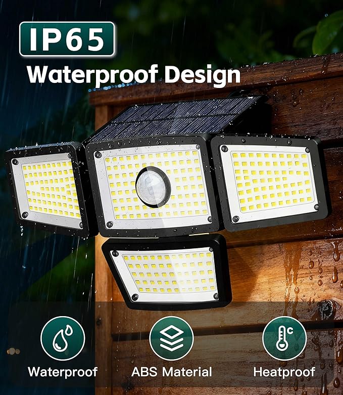 Solar Outdoor Motion Sensor Light, 4-Head 283 LED Solar Flood Light 3000LM 6500K, IP65 Waterproof Security Wall Lamp with Wide 270° Lighting Angle, Solar Powered Motion Sensor Lights(1Pack)