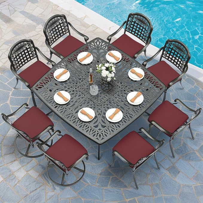 MEETWARM 9-Piece Outdoor Patio Dining Set for 8, All Weather Cast Aluminum Patio Funiture Table and Chairs Set- Large 64" Square Table and 2 Swivel Rocker Chairs, 6 Stationary for Garden, Red