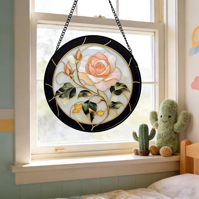 Stained Glass Window Hanging - Black White Pink Rose Sun Catcher for Door Home Decor Flower Suncatcher Christmas Mother's Day Birthday Gifts for Women Men Lovers Mom Nana 7.8 in