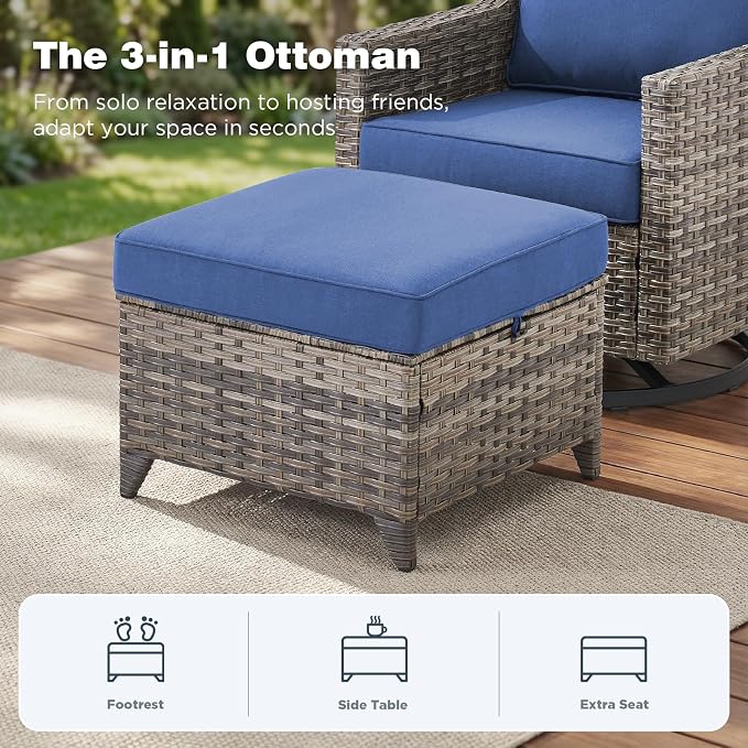 Belord Patio Wicker Swivel Rocker Patio Chairs with 3-Seater Sofa, Outdoor Rattan Chairs for Deck Porch Poolside, 9 Piece Patio Conversation Furniture Set,Blue