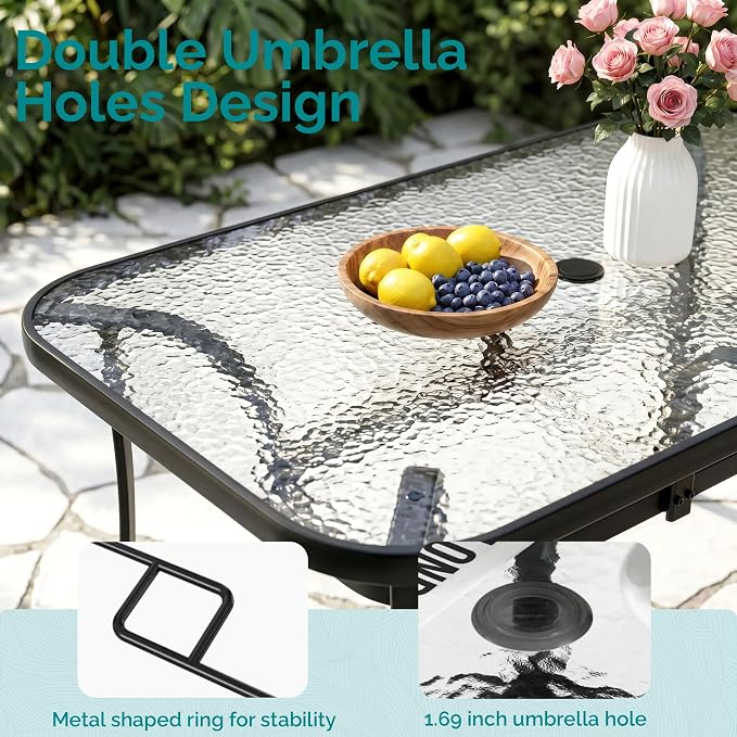 MAMIZO 7 Pieces Patio Dining Set for 6, Outdoor Table and Chairs w/Rectangle Glass Table and 6 Textilene Stackable Chairs, Patio Furniture Set w/1.69" Umbrella Hole (Black Table & Sky Blue Chair)