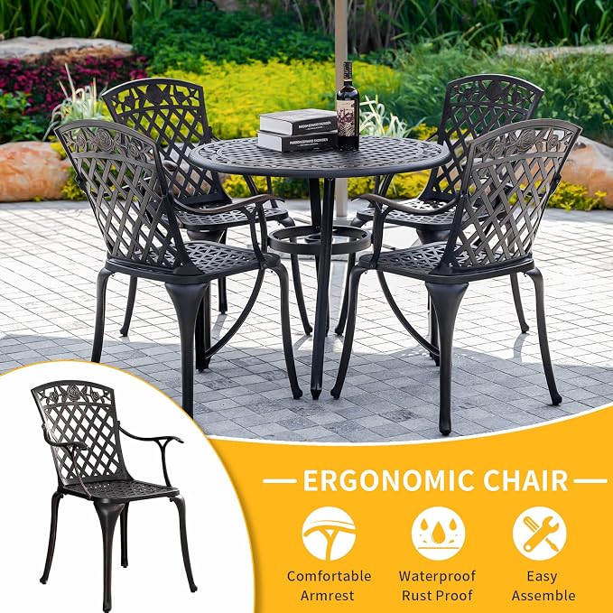 5 Pieces Outdoor Patio Dining Set, 36" Metal Outdoor Dining Set with 1.97" Umbrella Hole, Anti Rust Patio Furniture Set with 4 Chairs and Round Table for Garden, Porch and Poolside, Bronze