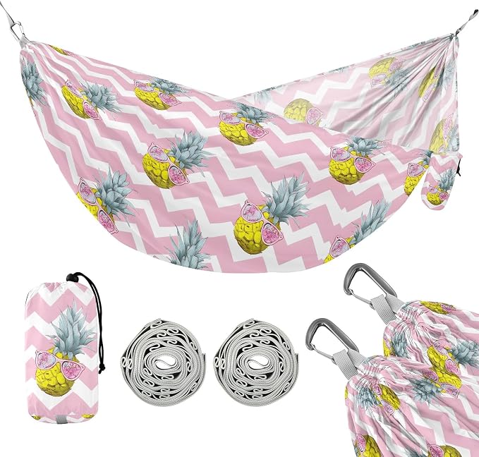 Camping Hammock Outdoor Hammocks for Outside Pineapple Pink Stripe Beach Trees Portable Lightweight with Pockets Tree Straps Indoor Small