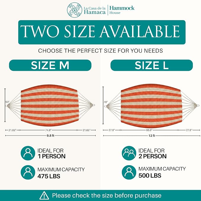 Hammock for 1-2 Person, 475 lbs Capacity – Handwoven Mexican Hammock, 100% Soft Cotton – 9.8 ft Mayan Hammock for Patio, Backyard, Indoor & Camping – Medium, Orange