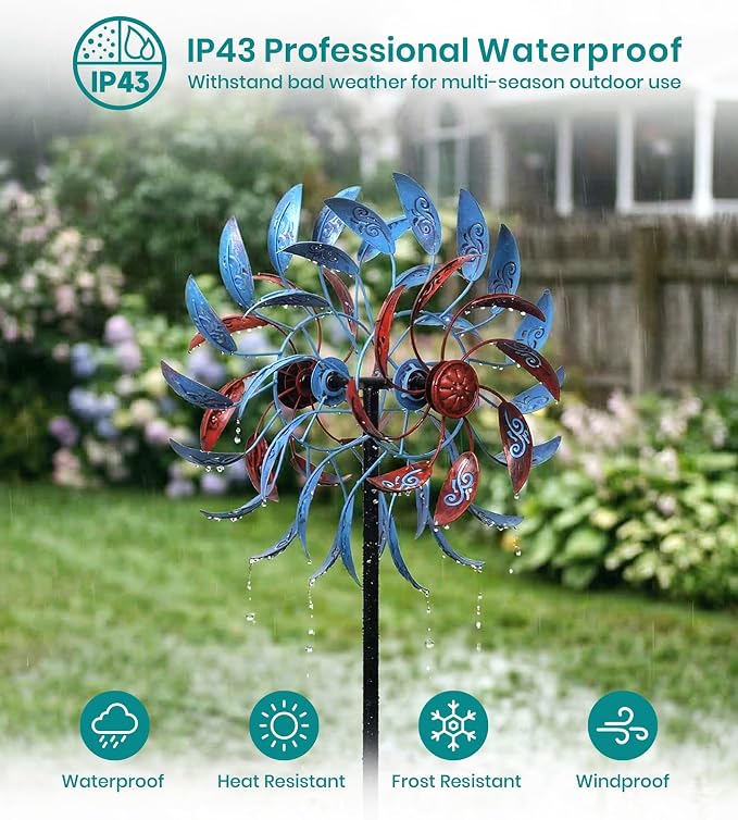 4 Layer Wind Spinner Metal Vine Scroll Kinetic Garden Yard Art Decor | Hand-Crafted Art, 4-layer vine scroll metal spinner, Whisper-quiet dual rotation, Adjustable height stake