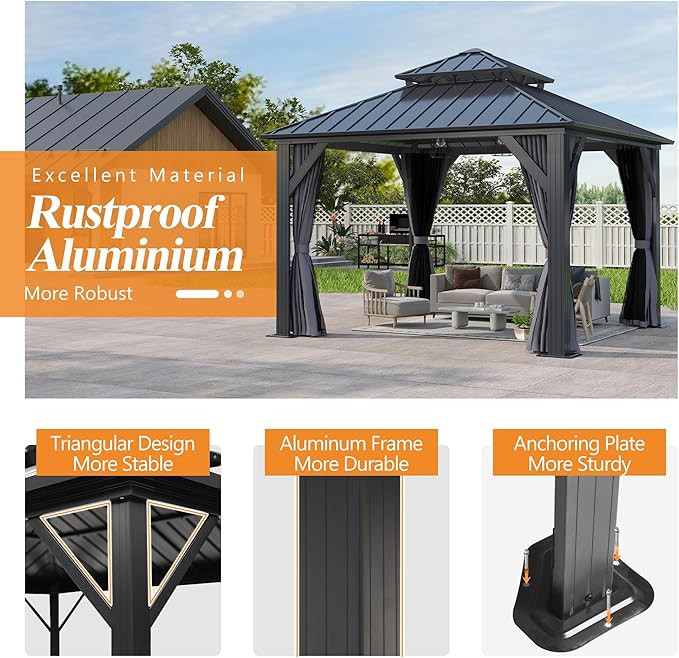 GARTOO 12'x12' Outdoor Hardtop Gazebo with Double Roof - Heavy-Duty Galvanized Steel Top Aluminum Frame Gazebo with Breathable Netting & Privacy Curtain for Patio, Porch, Garden, Lawn, Deck, Backyard
