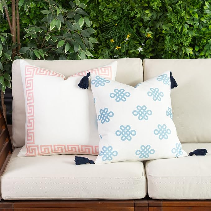 Hofdeco Premium Coastal Patio Indoor Outdoor Lumbar Pillow Cover ONLY for Backyard, Couch, Sofa, Baby Blue Greek Key Knot Tassel, 18"x18"