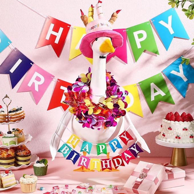 Abbylike 4 Pcs Happy Birthday Porch Goose Outfit for 23" Statues Poseable Porch Goose Wings Birthday Cake Hat for Lawn Patio Outdoor Geese Statue Decoration Accessories(Pink,Classic Style)