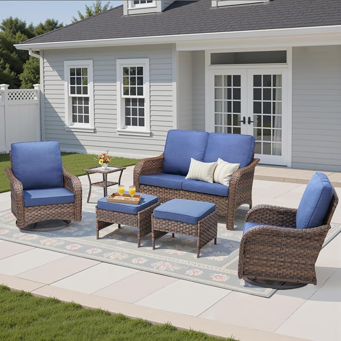 6 PCS Patio Furniture Set, Outdoor Wicker Loveseat & 2 Swivel Rocking Chairs with 2 Ottomans & Side Table, 4-Inch Thick Olefin Cushions, 300 lbs Capacity Rattan Conversation Set for Porch, Blue