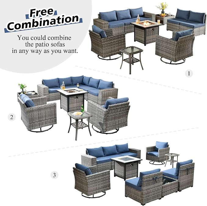 HOOOWOOO Outdoor Patio Sectional Furniture Sofa Set with Fire Pit Table,10 Piece Modern Wicker Couch with Swivel Chairs,Modular Conversation Seating Set with Widened Armrest for Garden(Denim Blue)