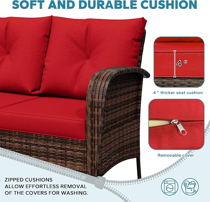 3 Pieces Conversation Furniture Set of Patio Swivel Rocking Chairs and End Table, Wicker Rattan Outdoor Set with Washable Cushions for Backyard, Poolside, Sunroom (Red)