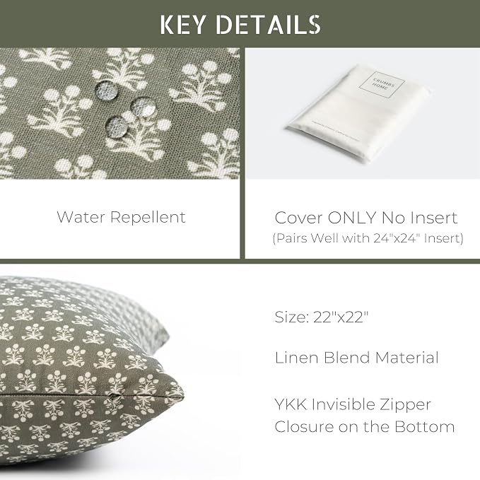 Crumbs Home Modern Farmhouse California Casual Indoor Outdoor Throw Pillow Cover, 22"x22" Water Repellent for Patio, Backyard, Couch, Poolside, Olive Green Block Print Floral