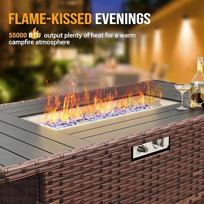 Outdoor Patio Furniture Set with 44" Fire Pit Table 8 Pieces Rattan Patio Sectional Sofa Conversation Set w/55000 BTU Propane Gas Fire Pit, Coffee Table, 2 Waterproof Covers, Grey