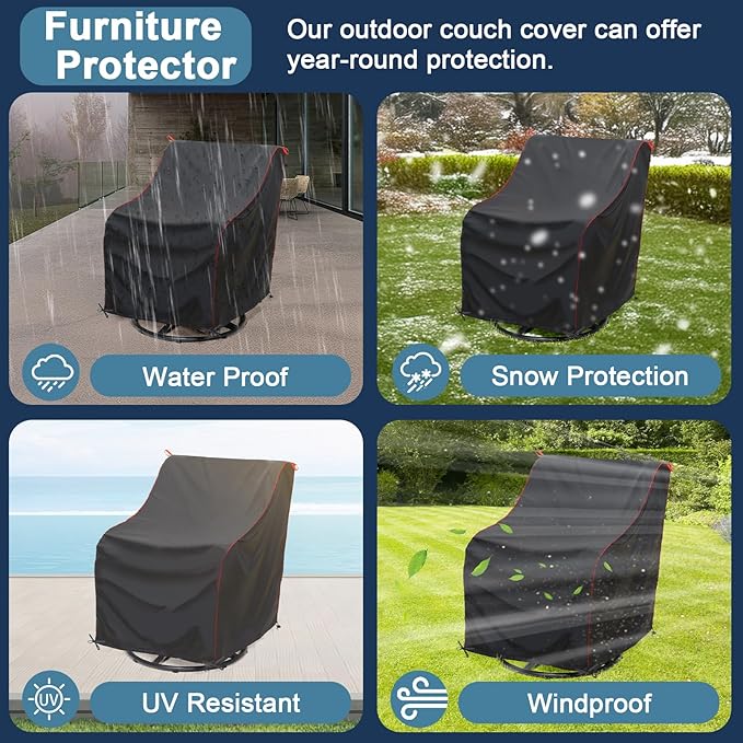 Patio Chair Covers (29" W x 34" D x 35" H) Patio UV Resistant Waterproof Furniture Covers with Red Pull Rings for Easy Use and Storage (1 Pack, Black)