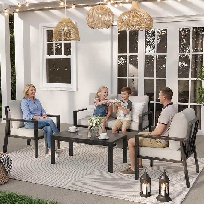 Aluminum Patio Conversation Sets All-Weather Sectional Outdoor Furniture Set with Coffee Table & Cushions with Removable Covers for for Backyard, Garden and Poolside Easy Assembly(Beige)