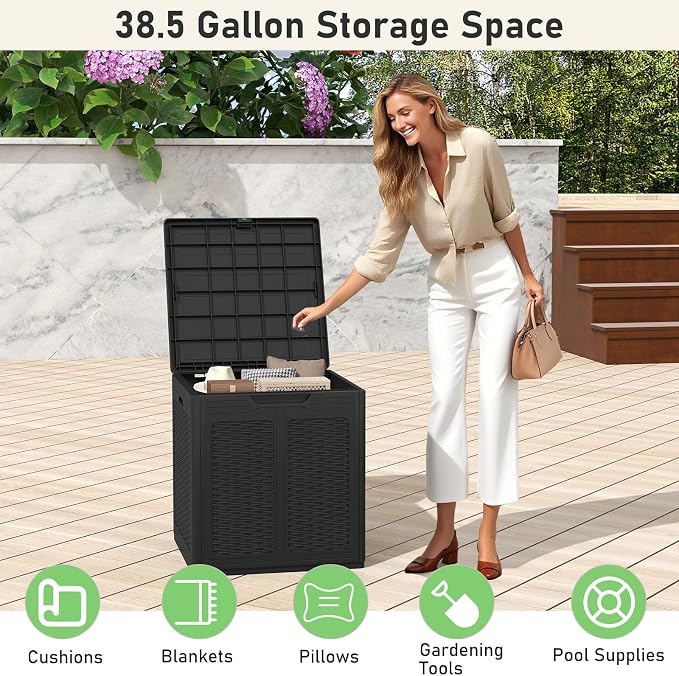Giantex 39 Gallon Outdoor Storage Box, PP Deck Container with Rattan Patterns & Lockable Lid, Patio Plastic Storage Bin for Package Delivery, Garden Tools, Patio Cushions (39 Gal,Brown)