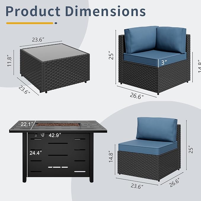 SUNLEI 5 Piece Outdoor Patio Furniture Set with Fire Pit Table, Black PE Rattan Wicker Conversation Sofa Set with Blue Cushions, All Weather Sectional Patio Couch for Backyard, Deck, Garden, Porch