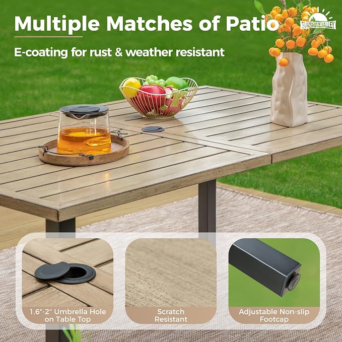 SUNSHINE VALLEY Patio Dining Set,Wood-Like Metal Table w/Umbrella Hole | 60x36 Metal Table&6 Pcs Rust-Proof Stackable Chairs, Outdoor Table and Chairs Set for Backyard Garden Deck