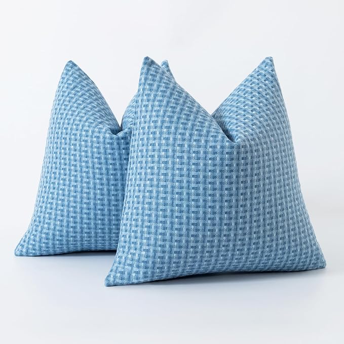 Kevin Textile Outdoor Waterproof 18"x18" Pillow Covers 2 Pack, Light Blue | Water Resistant Weaving Faux Linen Texture Throw Pillow Covers, Outside Decorative Pillowcases for Garden Patio Balcony Couch