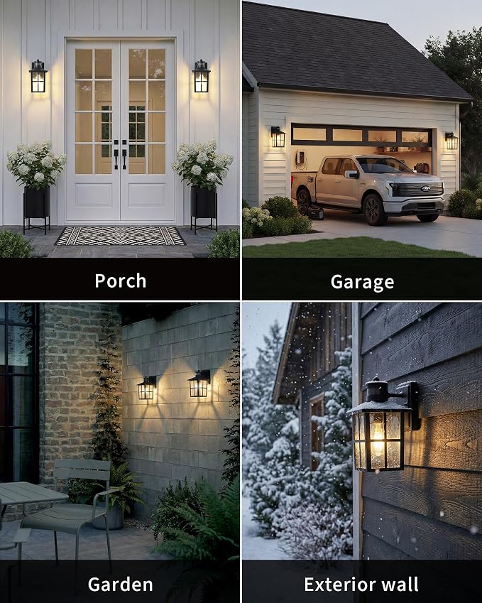 KDG Black Outdoor Motion Sensor Modern Patio Wall Light Fixtures Set of 2 | E26 Socket Waterproof Lanterns & Sconce with Tempered Glass, Modern Wall Mounted Lamps for Home, Front Door, Garage, Porch