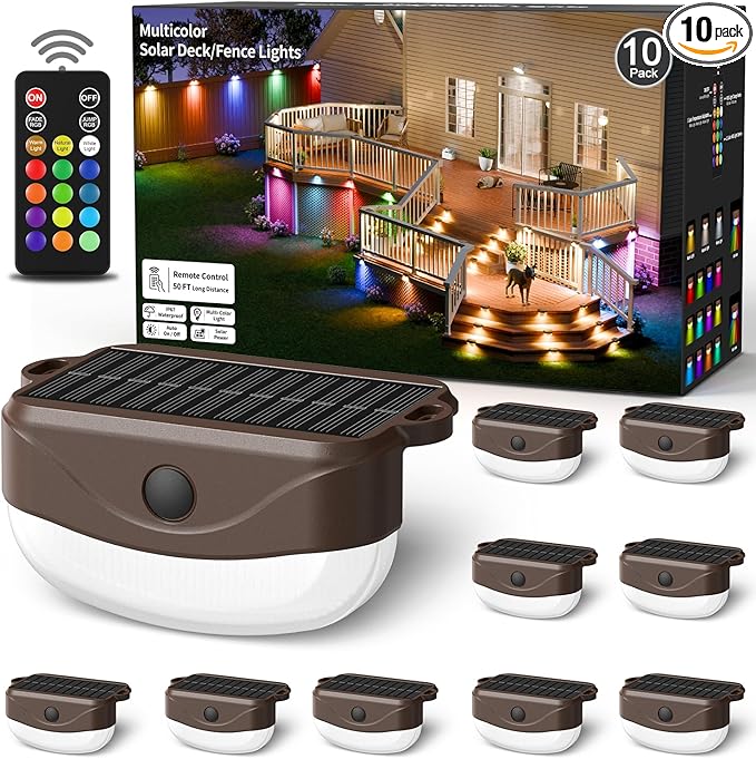 Solar Fence Lights with Remote Control 50ft,15 Multi Colors Solar Powered Outdoor Step Lighting,IP67 Waterproof Led RGBYW Colors Lamp for Outside Fence/Deck/Backyard/Stair Railing/Wall/Patio/Pool