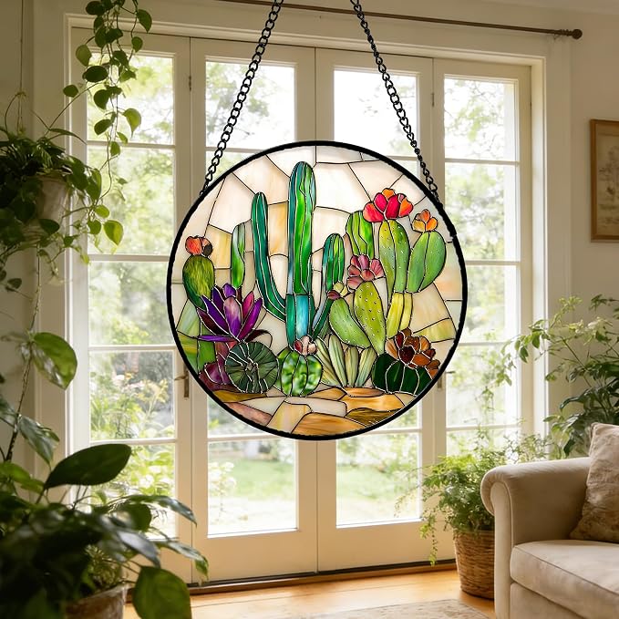 DASTOLL Stained Glass Window Hanging, White Green Cactus Suncatcher Diamond Glass Panel Hangings Sun Catchers Decor for Birthday for Women, Men, Wife, Aunt, and Mom 14.9x14.9 in