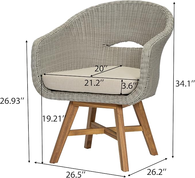 Christopher Knight Home Ambes 7 Piece Acacia Wood Outdoor Dining Set for 6, Patio Dining Table and Chair Set with Curved Rattan Backrest & Cushions, Outdoor Dining Table Set, Beige+Grey Ash+Brown