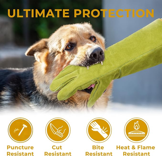 HANDLANDY Animal Handling Gloves, Bite Proof for Cat Dog Handling | Puncture & Scratch Resistant Leather Gauntlet Gloves for Dogs, Cats, Birds, Falconry, Gardening