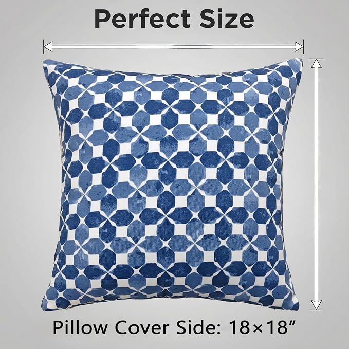 JMGBird Blue Outdoor Pillows Waterproof 18x18 Throw Pillows with Inserts | Blue Diamond Petal Pattern UV Fade Resistant Patio Cushions