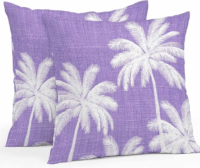 Outdoor Pillow Covers 18x18 Inch Set of 2, Purple Palm Trees Waterproof Throw Pillow Covers, Farmhouse Tropical Summer Beach Decorative Cushion Pillowcases for Couch, Sofa, Bed, Garden, Patio