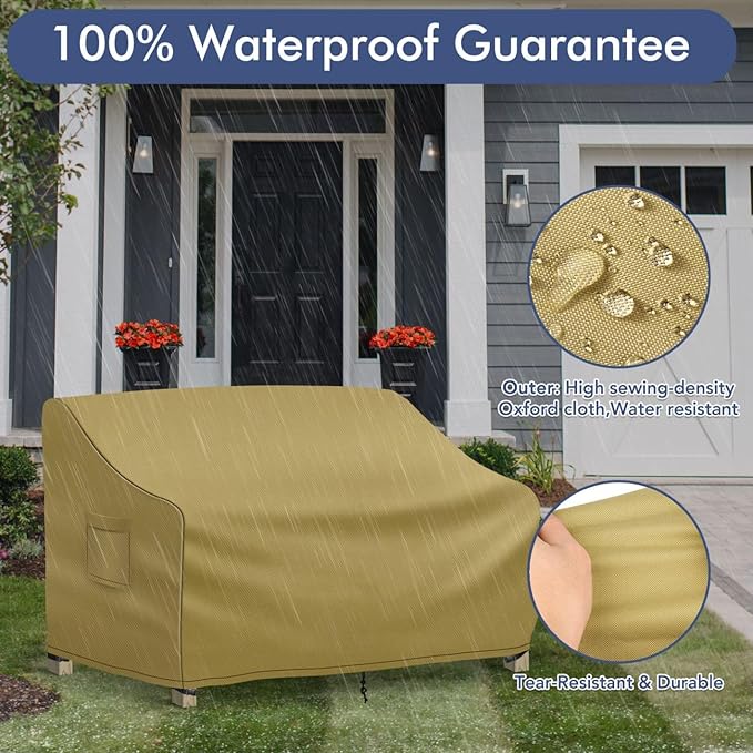 Richwon Outdoor Couch Cover Waterproof, 3-Seater Outdoor Sofa Cover, Patio Furniture Covers with Air Vent and Handles, 70W x 38D x 31H Inches, Khaki