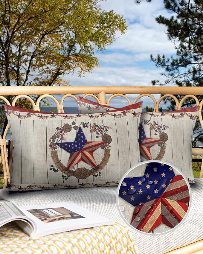 4th of July Waterproof Pillow Covers for Couch Throw Pillow Cases Set of 2, Farm Country Star USA Flag Decorative Cushion Pillow Covers 20x12In,Indoor Outdoor Decoration Berry Plant Wreath Wood Grain