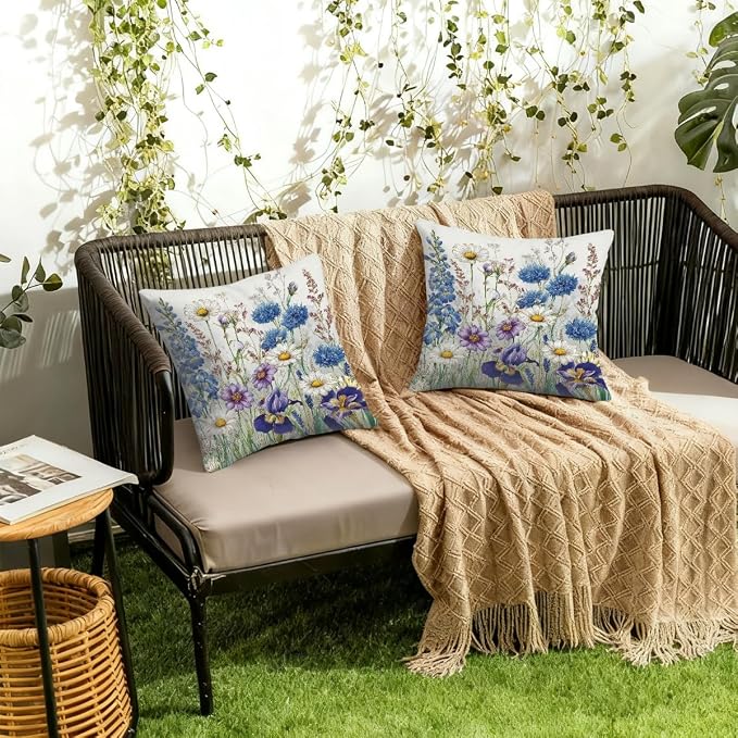 18x18 Inch Outdoor Pillow Covers Set of 2 Waterproof Throw Pillow Covers Decorative Couch Cushion Covers Watercolor Wildflowers Art Square Pillowcases Protectors for Patio Garden Sofa