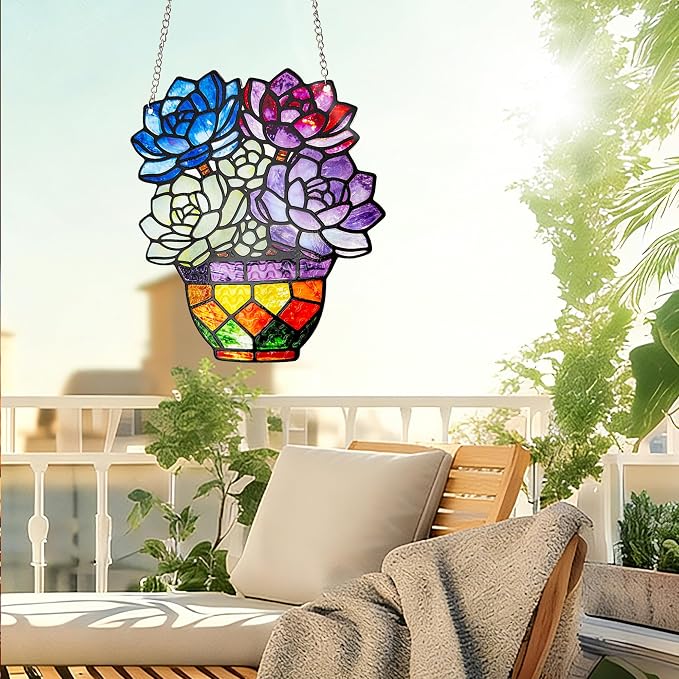 Plant Suncatcher Glass, Stained Glass Suncatcher Plant Window Hanging, Unique Nature Lover Gifts Leaf (Succulent)