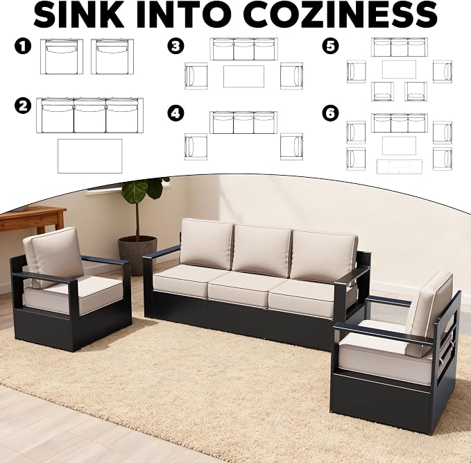 Aluminum Outdoor Conversation Furniture Set - All Weather Patio 79" Sofa with 4 Armchairs, 6" Water-Resistant Cushions & Furniture Covers & Metal Armrest for Deck Porch (Beige)