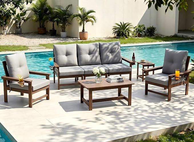 HDPE 7 Piece Patio Furniture Set, Outdoor Sectional Sofa with Coffee Table, Side Table and Seat Cusions, Patio Conversation Set for Party, Backyard, Porch, Deck, Poolside, Brown & Grey