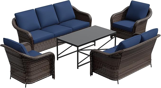 5 Pieces Outdoor Patio Rattan Conversation Furniture Set with Cushions, 78" 3-Seat Wicker Sofa, 55" 2-Seat Couch, 2 Armchairs, Metal Coffee Table for Garden (Navy Blue)